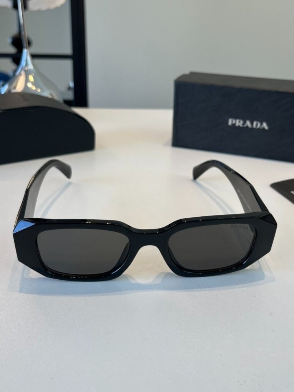 Prada Classic Black Acetate Rectangle Sunglasses Streetwear UV Protection Sunnie